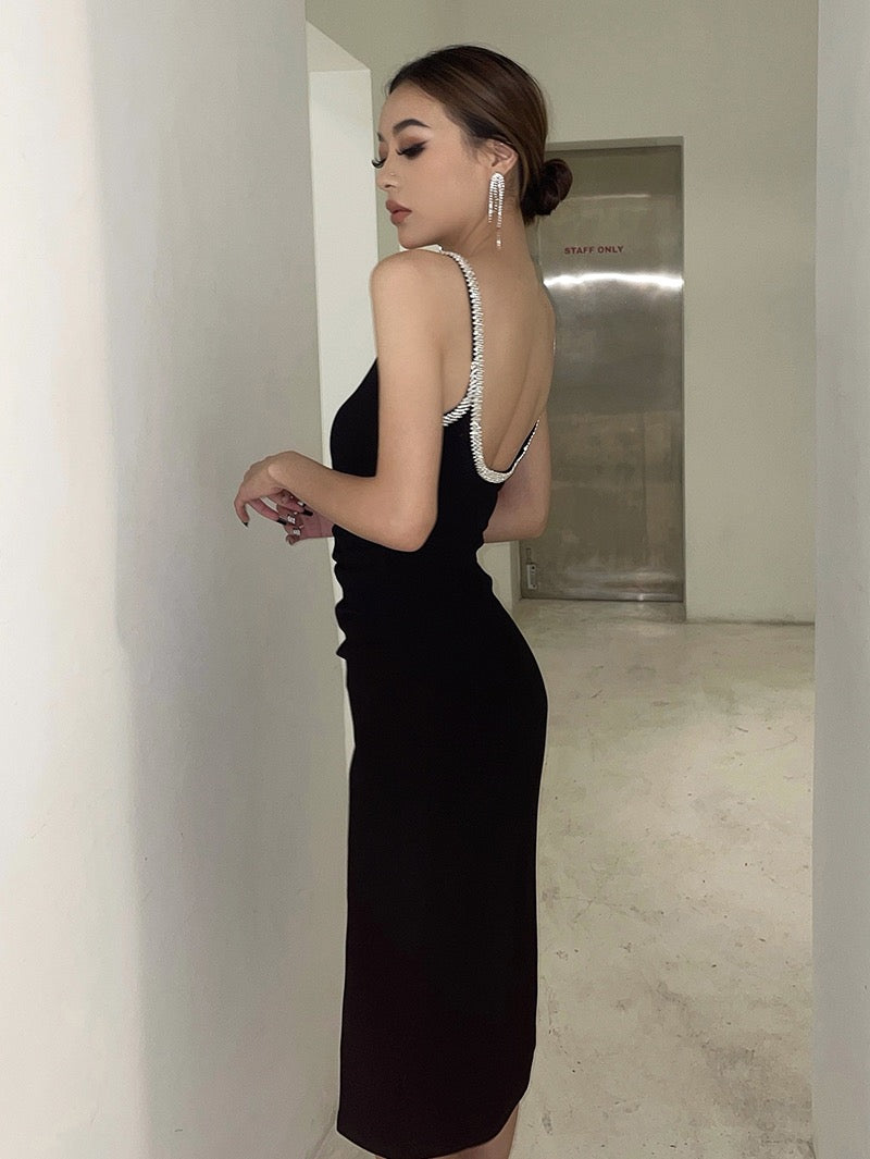 Black diamond sparkling slim sexy suspender dress female backless light luxury high-end dress skirt annual meeting