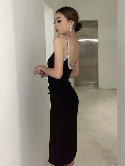 Black diamond sparkling slim sexy suspender dress female backless light luxury high-end dress skirt annual meeting