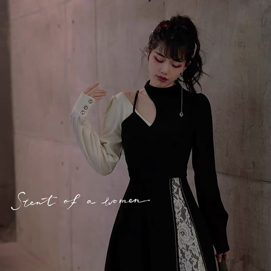 JZ Craftsman "Paris Night Banquet" dress spring and autumn design women's niche mid-length French black dress 1332