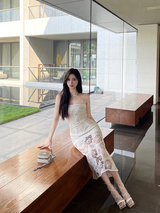For Fay early spring temperament self-cultivation tube top dress female rose mesh perspective pure desire slit bag hip dress
