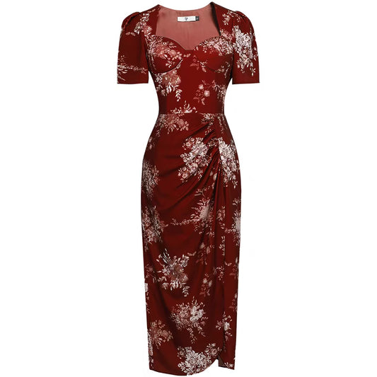 2022 summer new fashion square neck puff sleeves waist asymmetrical pleated split red printed dress