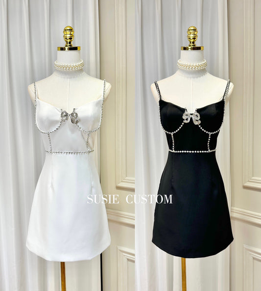Niche design V-neck rhinestone chain side slim waist A-swing suspender dress with bow brooch