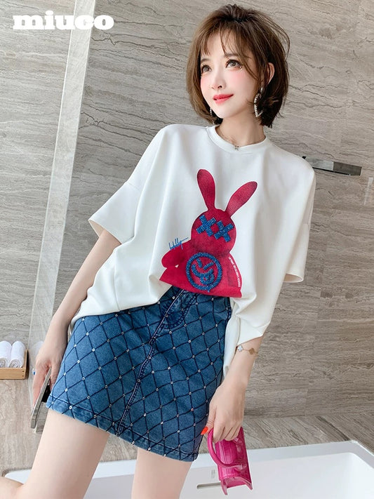 miuco heavy industry hot drill rabbit printing T-shirt + diamond embossing sequins denim skirt women 2021 spring and summer new