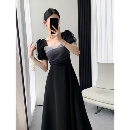 Guoge custom black dress women's 2022 summer new square collar French temperament slim Hepburn dress