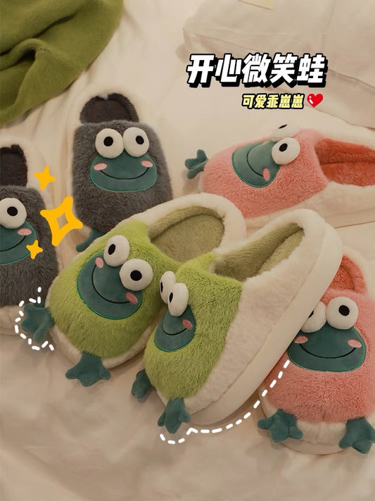 Cute frog slippers female winter indoor home thick bottom confinement shoes couple winter warm household cotton slippers winter