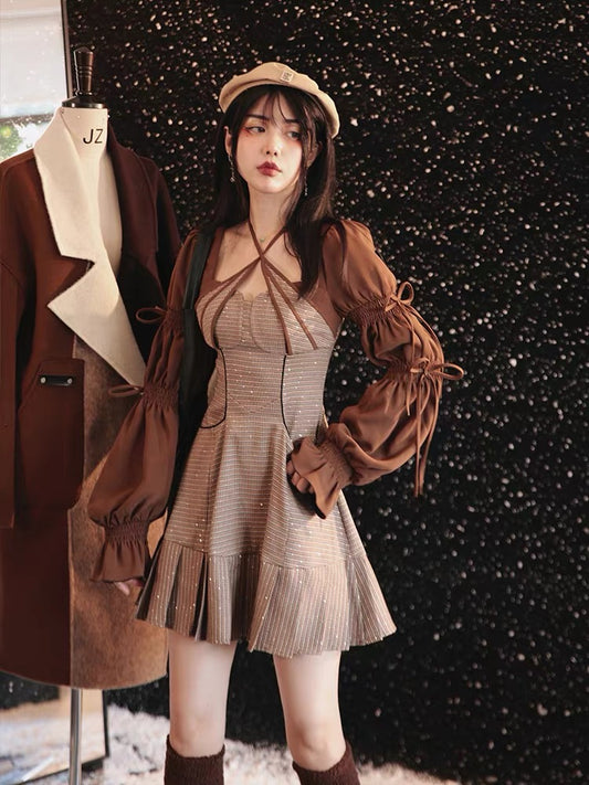 JZ artisan "sugar fried chestnuts" early autumn dress women's 2022 new French niche chic design skirt 1008