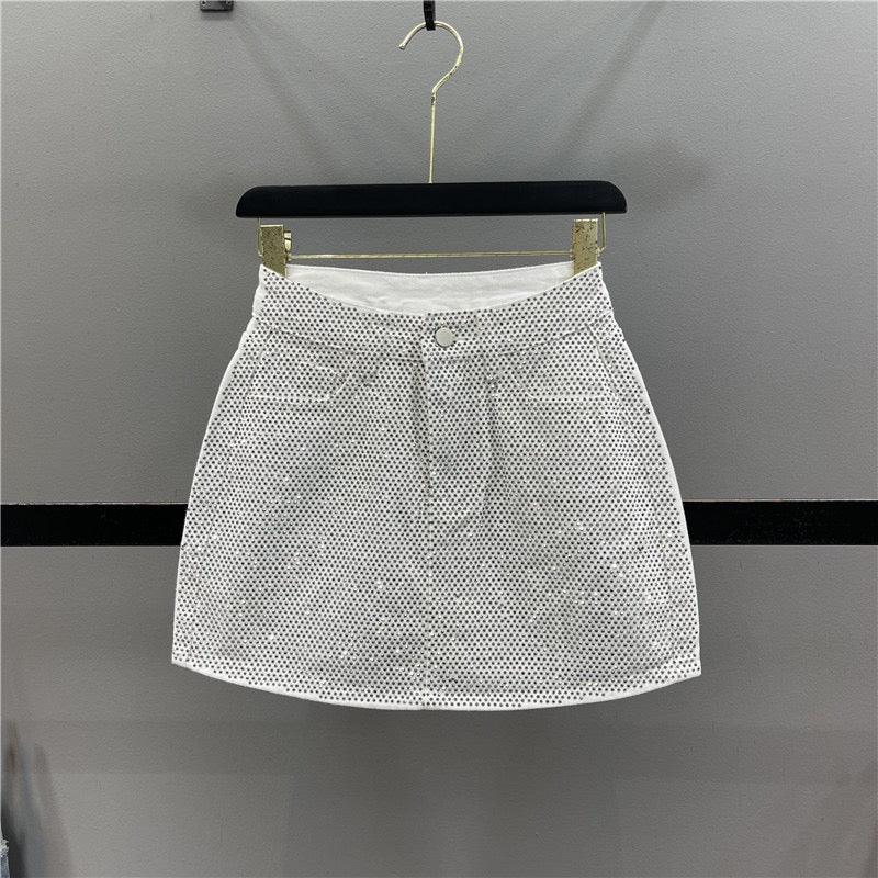2023 summer new heavy industry hot diamond design denim skirt women's fashion high waist slim A-line bag hip skirt