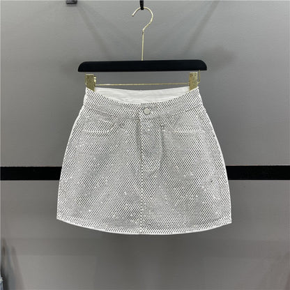 2023 summer new heavy industry hot diamond design denim skirt women's fashion high waist slim A-line bag hip skirt