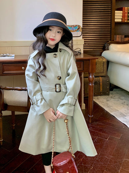 Original girls' children's clothing Korean version mid-length windbreaker spring clothing 2023 new children's British style big children's coat coat