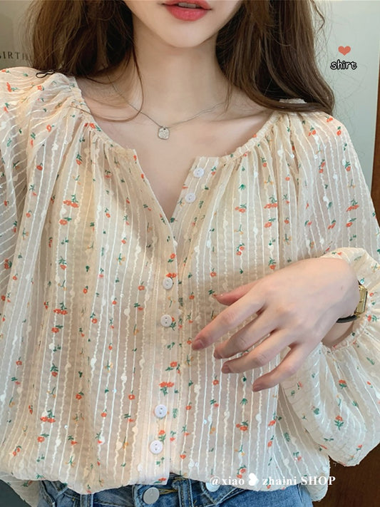 French chic floral shirt ladies spring 2023 new top design sense niche loose slimming shirt