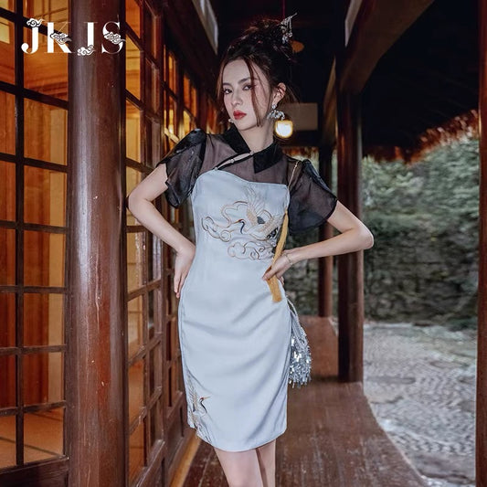 Improved version of cheongsam women's summer young style 2022 new Chinese style national tide skirt crane embroidery dress 1515