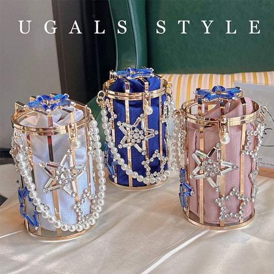 UGALS French hollow shiny five-pointed star diamond bag dinner pearl bucket birdcage hand messenger bag