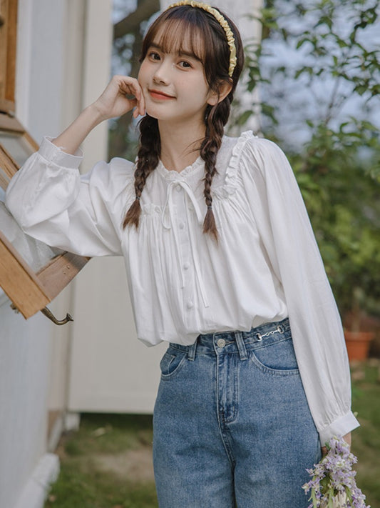 Korean style retro chic long-sleeved lace-up lace shirt women's spring and autumn new small fresh design trendy tops