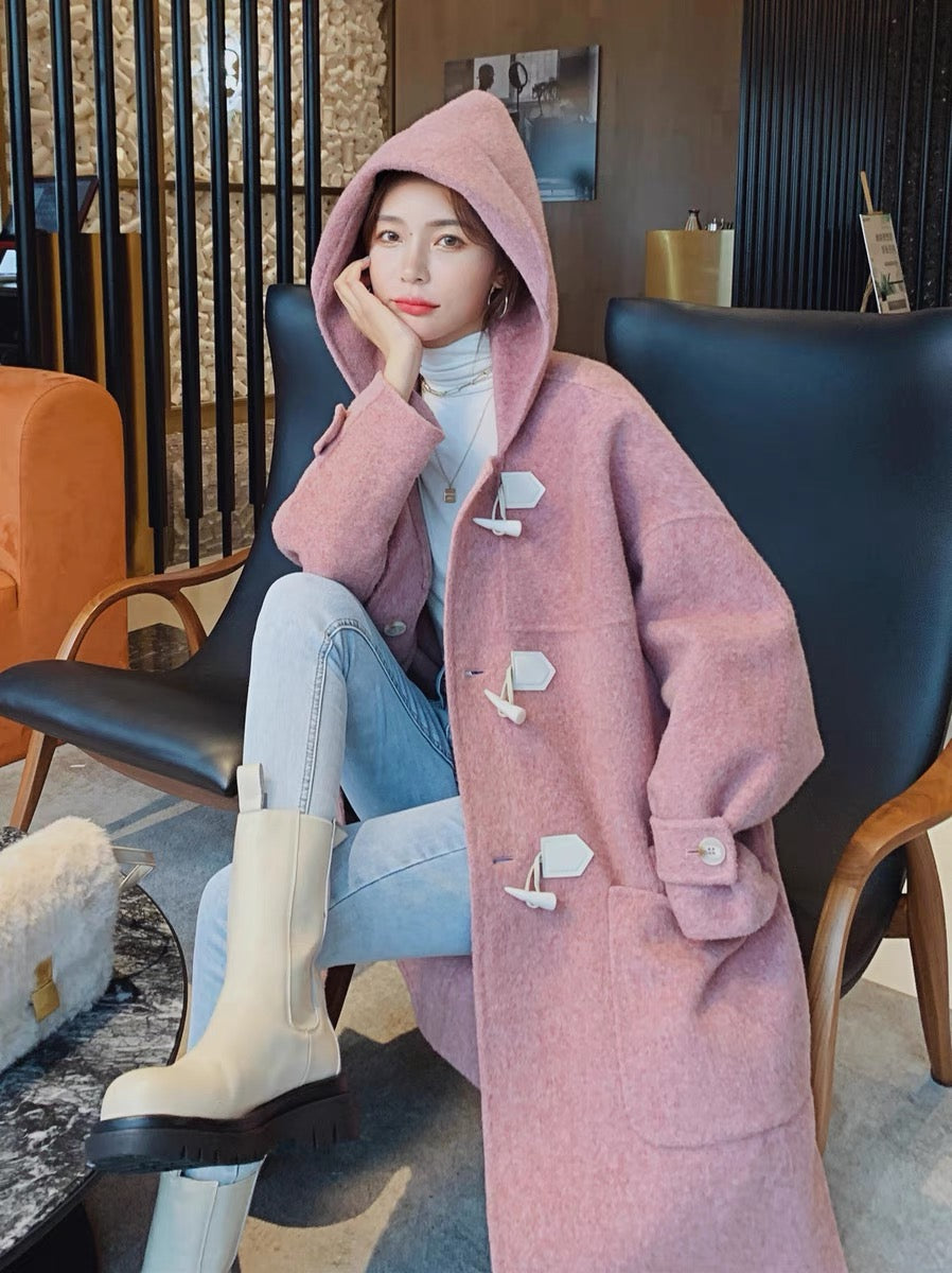 Pink cocoon-shaped woolen coat women's autumn and winter mid-length 2022 new Hepburn style fashion temperament woolen coat