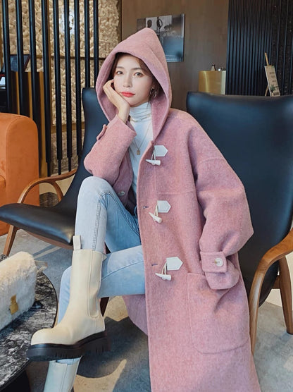 Pink cocoon-shaped woolen coat women's autumn and winter mid-length 2022 new Hepburn style fashion temperament woolen coat