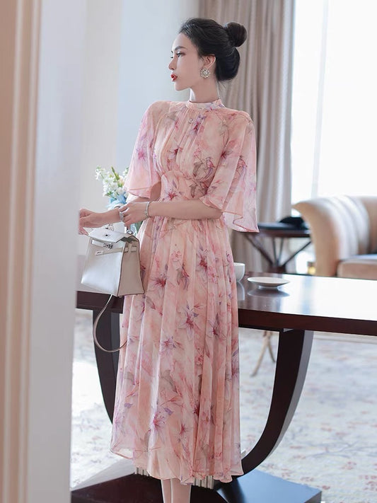 Gentle temperament dress 2022 new summer female celebrities broken flower lotus leaf sleeve waist long skirt fairy backless skirt