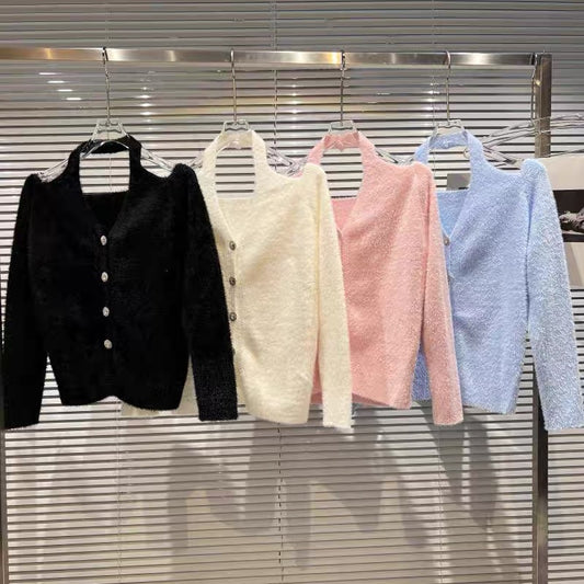 Net red same style 2022 autumn new temperament ladies rhinestone buckle hanging neck imitation mink fleece leaking shoulder sweater sweater