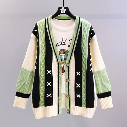 Contrasting color design V-neck sweater jacket women's autumn and winter 2022 new loose all-match Western-style age-reducing knitted cardigan
