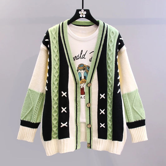 Contrasting color design V-neck sweater jacket women's autumn and winter 2022 new loose all-match Western-style age-reducing knitted cardigan