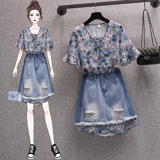 Large size women's clothing 2021 summer new style slightly fat sister fashion thin floral dress denim two-piece suit