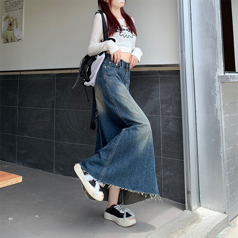 Korean version of high waist retro denim skirt women's spring a-line umbrella skirt straight skirt design sense mid-length skirt