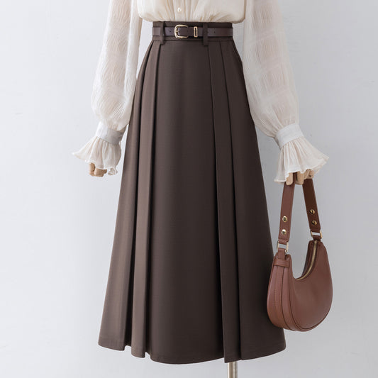 Brown pleated woolen skirt women autumn and winter 2022 new high waist a-line skirt mid-length half skirt umbrella skirt
