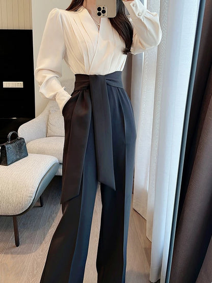 Miss Dong's high-end custom jumpsuit women's 2022 autumn new straight wide-leg tie waist color-blocking jumpsuit 1784