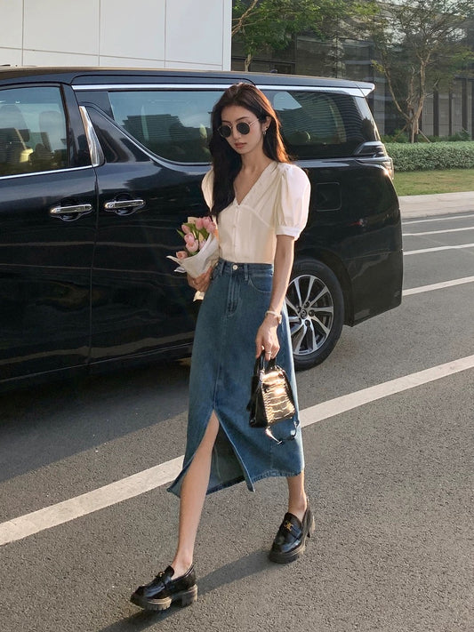 MULVAN retro split denim skirt women's 2022 spring and summer new high-waisted slim all-match mid-length skirt