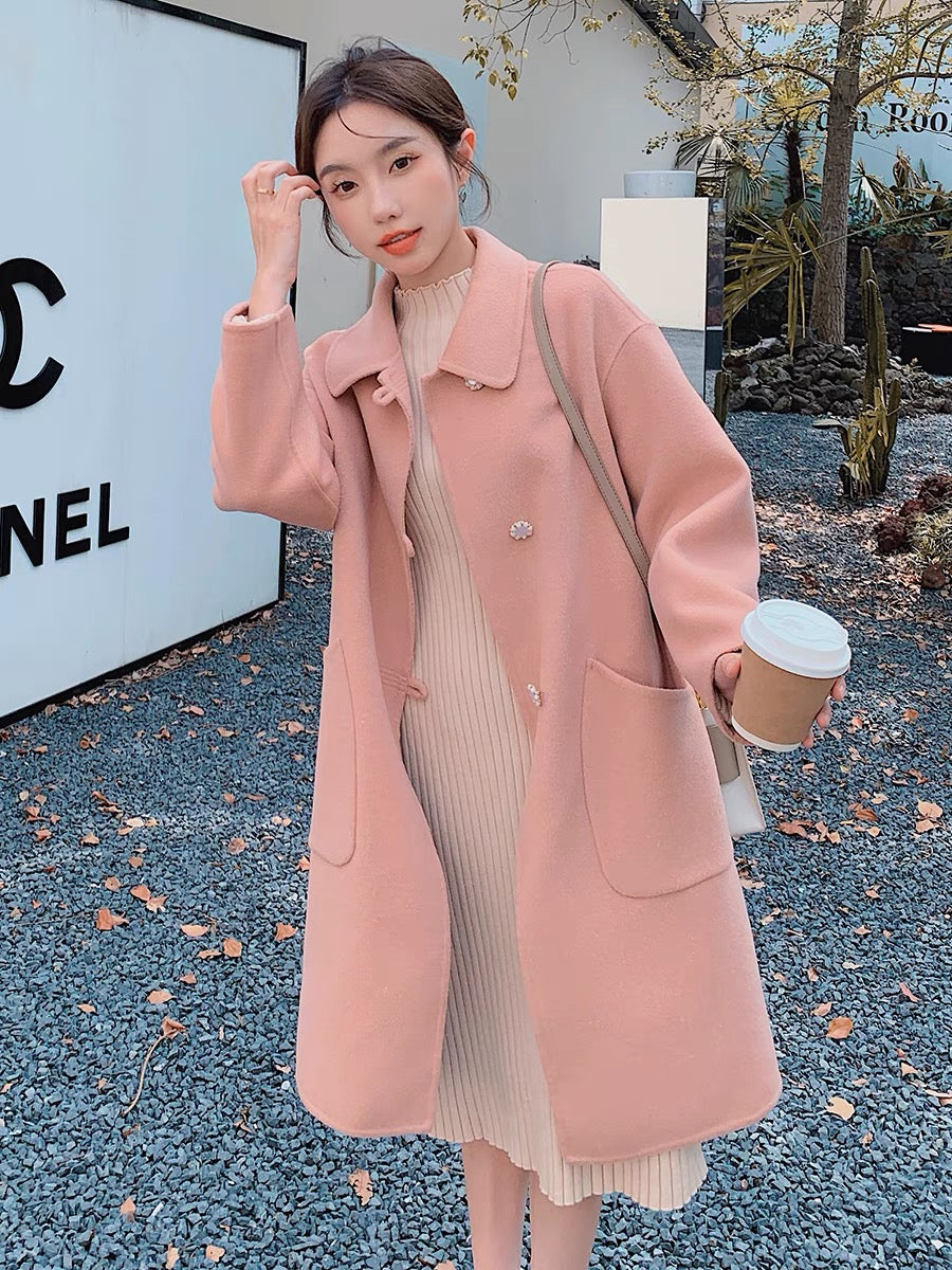 Pink Korean woolen coat women's autumn and winter small man 2022 new thickened high-quality sweet milk fufu coat