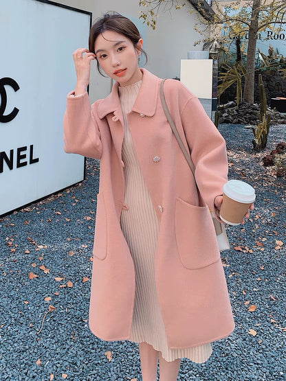 Pink Korean woolen coat women's autumn and winter small man 2022 new thickened high-quality sweet milk fufu coat