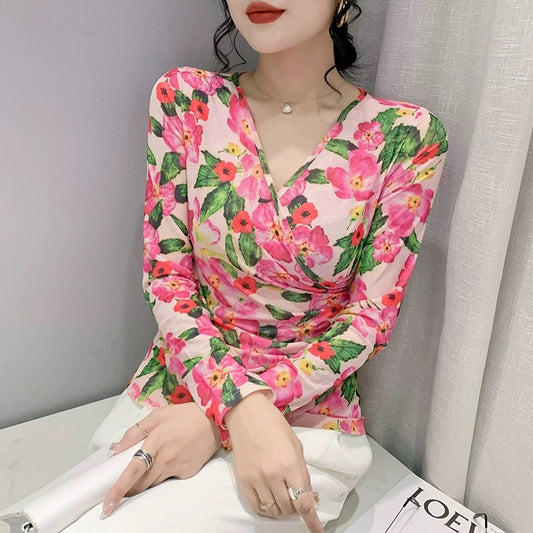 Retro temperament printed bottoming shirt women's European station autumn sexy cross V-neck mesh top foreign style long-sleeved T-shirt