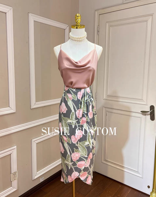 Custom Pile Collar Sling Top High Waist Vintage Tulip Print Pleated Slit Skirt Satin Suit