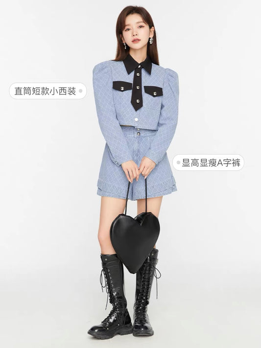 Fantu fashion high-end denim jacquard contrast color short suit 2022 autumn and winter new temperament Korean two-piece women's