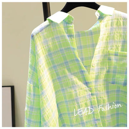 Fruit green single pocket cotton and linen plaid shirt women 2023 spring new Korean style loose casual shirt top tide