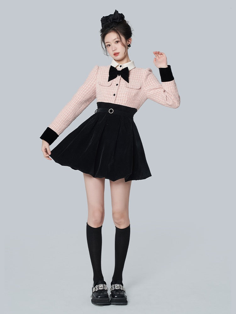 Xiaoxiangfeng retro bud skirt autumn and winter sweet new bowknot dress niche chic high-end skirt women