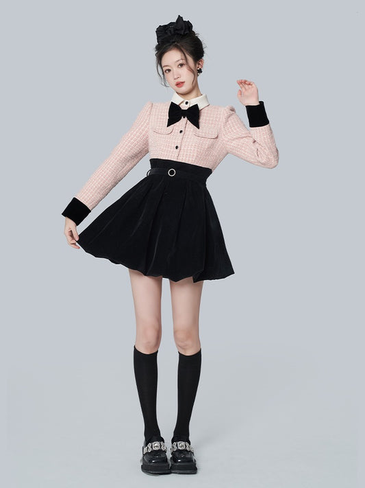 Xiaoxiangfeng retro bud skirt autumn and winter sweet new bowknot dress niche chic high-end skirt women