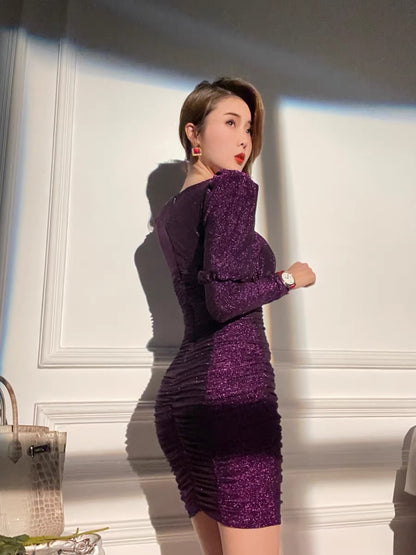 XULU original light luxury stretch knitted bright silk hip skirt temperament fashion ladies high waist long sleeve square neck dress 1190