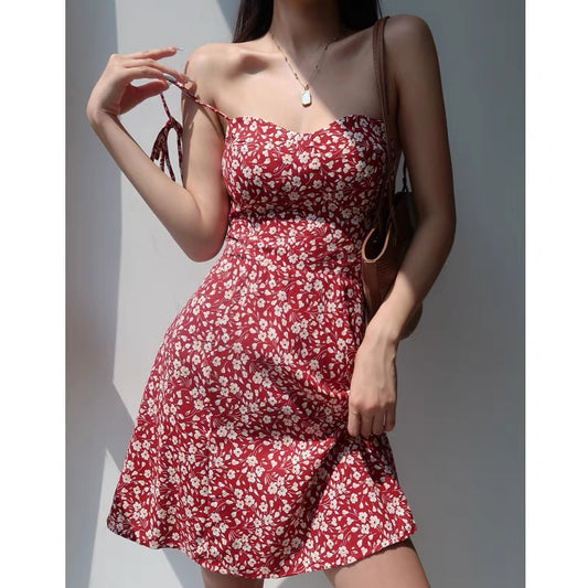 French retro girl V-neck red floral suspender skirt slim fit and slim waist bandage short skirt holiday dress