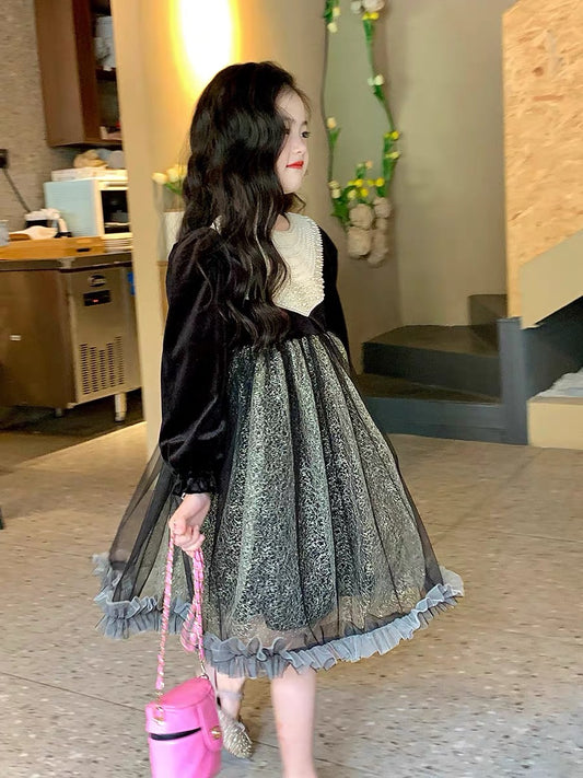 Original girls' ladies style velvet dress 2022 autumn and winter new children's beaded heavy industry mesh skirt foreign style