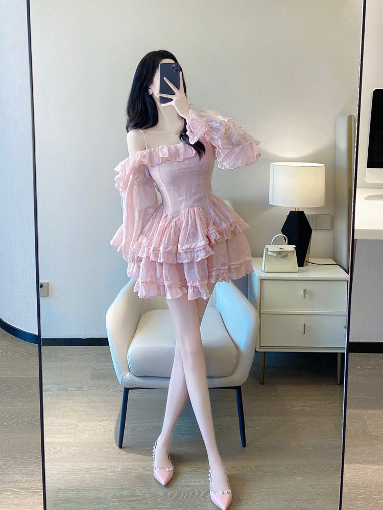 Pink cake skirt 2023 spring and autumn new style sweet one-word collar off-shoulder fluffy princess dress suspender dress female