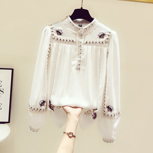 Embroidered chiffon top long-sleeved women's new 2022 early autumn design sense niche court style fashion temperament shirt