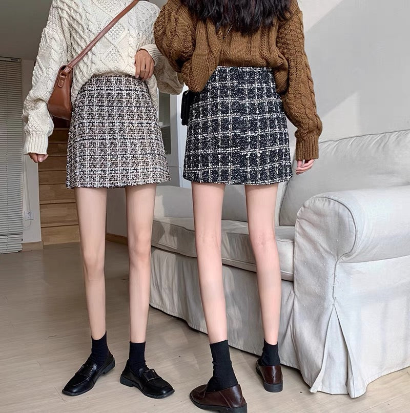 Plaid tweed skirt women's large size fat mm autumn and winter bright silk students small fragrant style a-line skirt bag hip skirt