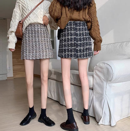 Plaid tweed skirt women's large size fat mm autumn and winter bright silk students small fragrant style a-line skirt bag hip skirt