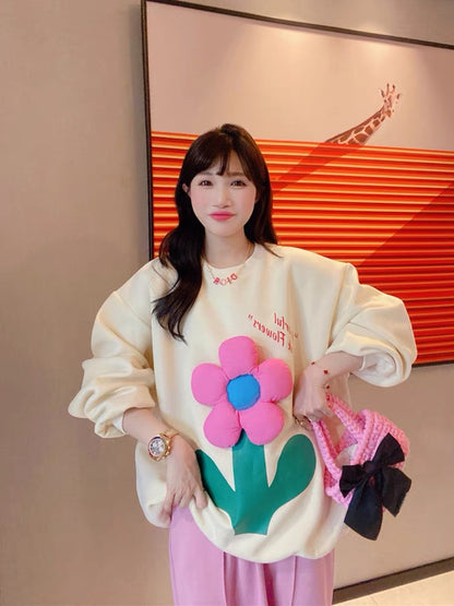 JENNIFER JXLIU Korea autumn and winter a pink three-dimensional flower ^ loose long-sleeved beige sweater women