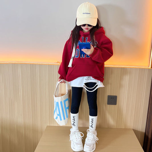 Girls' foreign style plus fleece sweater 2022 winter new hoodie tops for big children fashionable all-match thickened warm