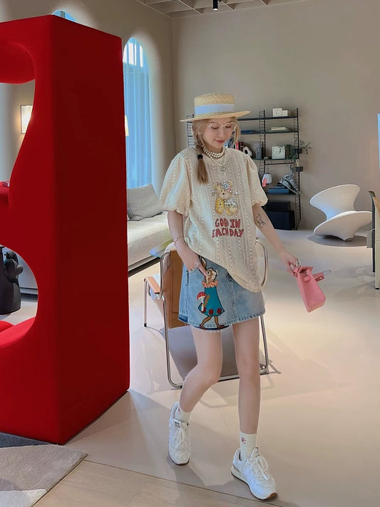 Thebestxue Korean version of the fashionable high-waisted rabbit denim short skirt skirt pants female 2022 new fringed skirt skirt summer