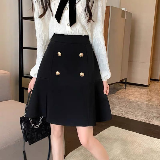 Skirt women's new umbrella skirt black suit short skirt small man mid-length skirt covering belly a-line skirt large size French style