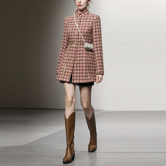Autumn and winter women's clothing 2023 new pink coffee color checked slim-fit woolen coat thickened short woolen woolen coat for women