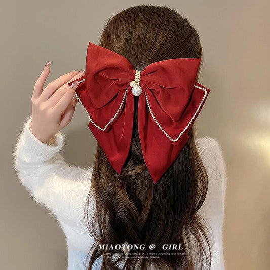 French simple red big bow top clip headdress women's head back 2023 new high-end hair clip hair accessories