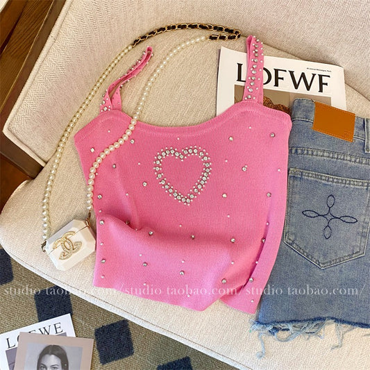 European and American sweet and spicy hot diamond love camisole summer 2023 new women's clothing unique and beautiful inner top